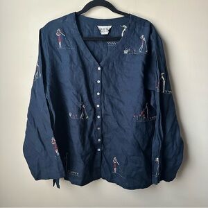 Vtg David Dart Linen Button Down Tunic Shirt Gardner Embroidery Art Grandmacore